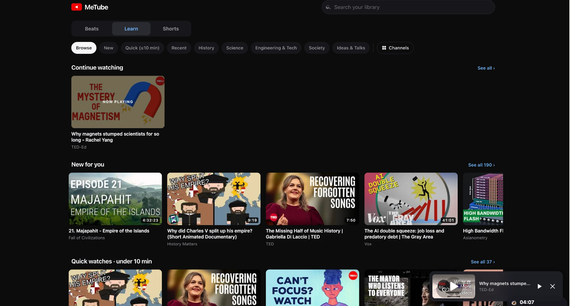 A personal MeTube library with handpicked educational videos and no infinite feed